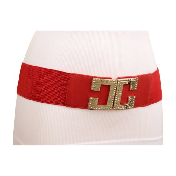 Women Red Elastic Hip High Waist Fashion Belt Big Gold Metal C Buckle Size S M - Picture 17 of 17